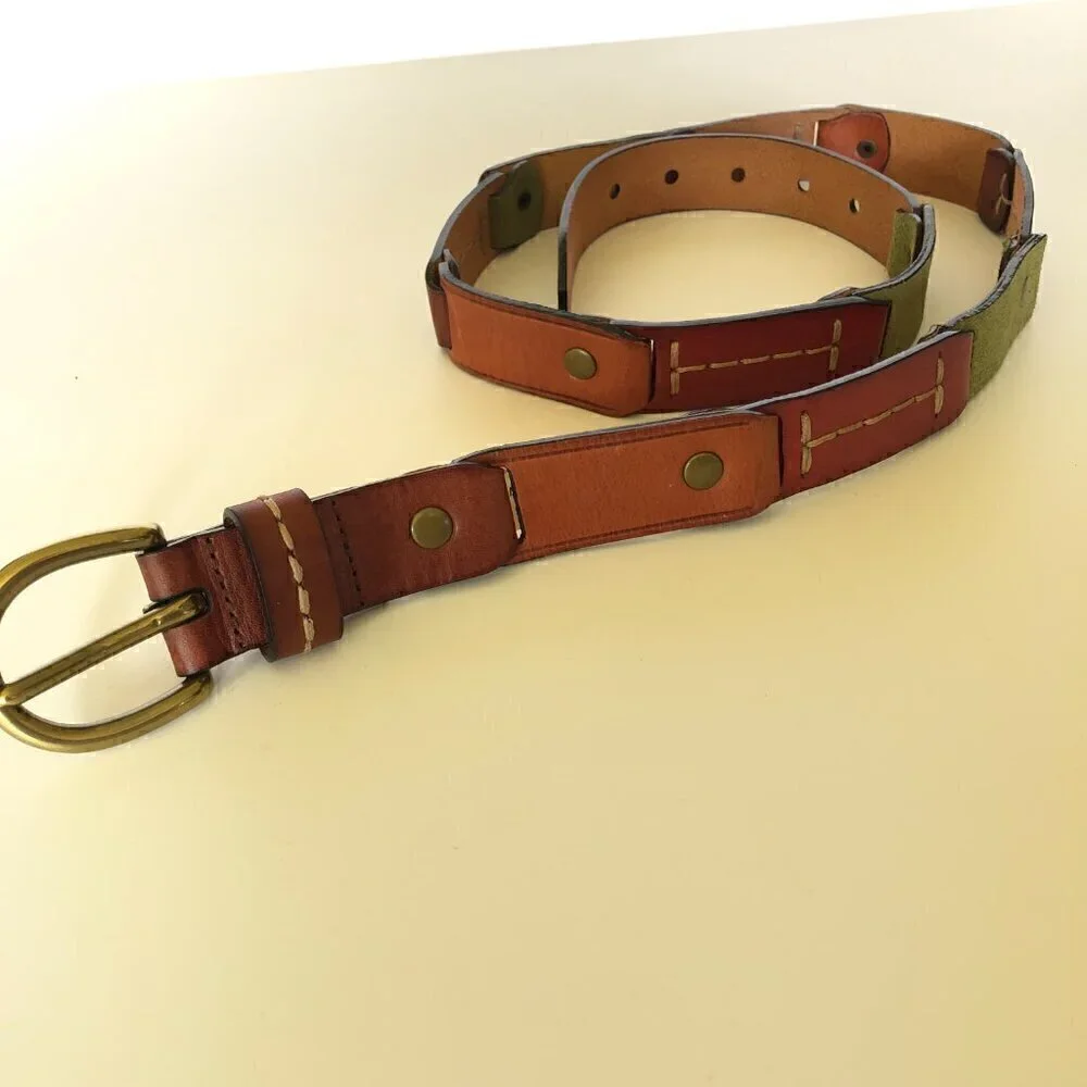 Fossil Stitched Links Multicolor Belt Large Brown Green - Picture 2 of 4